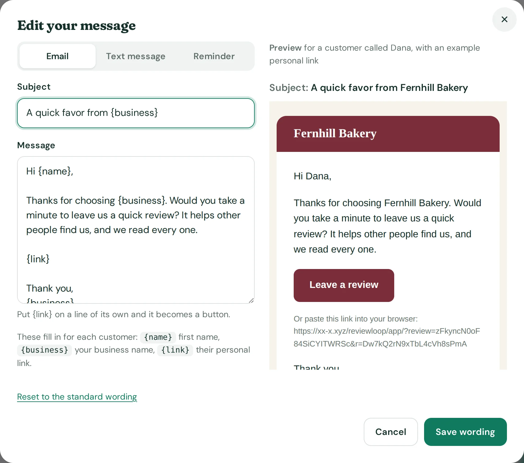 The message editor with the email wording on the left and a live preview of the email on the right