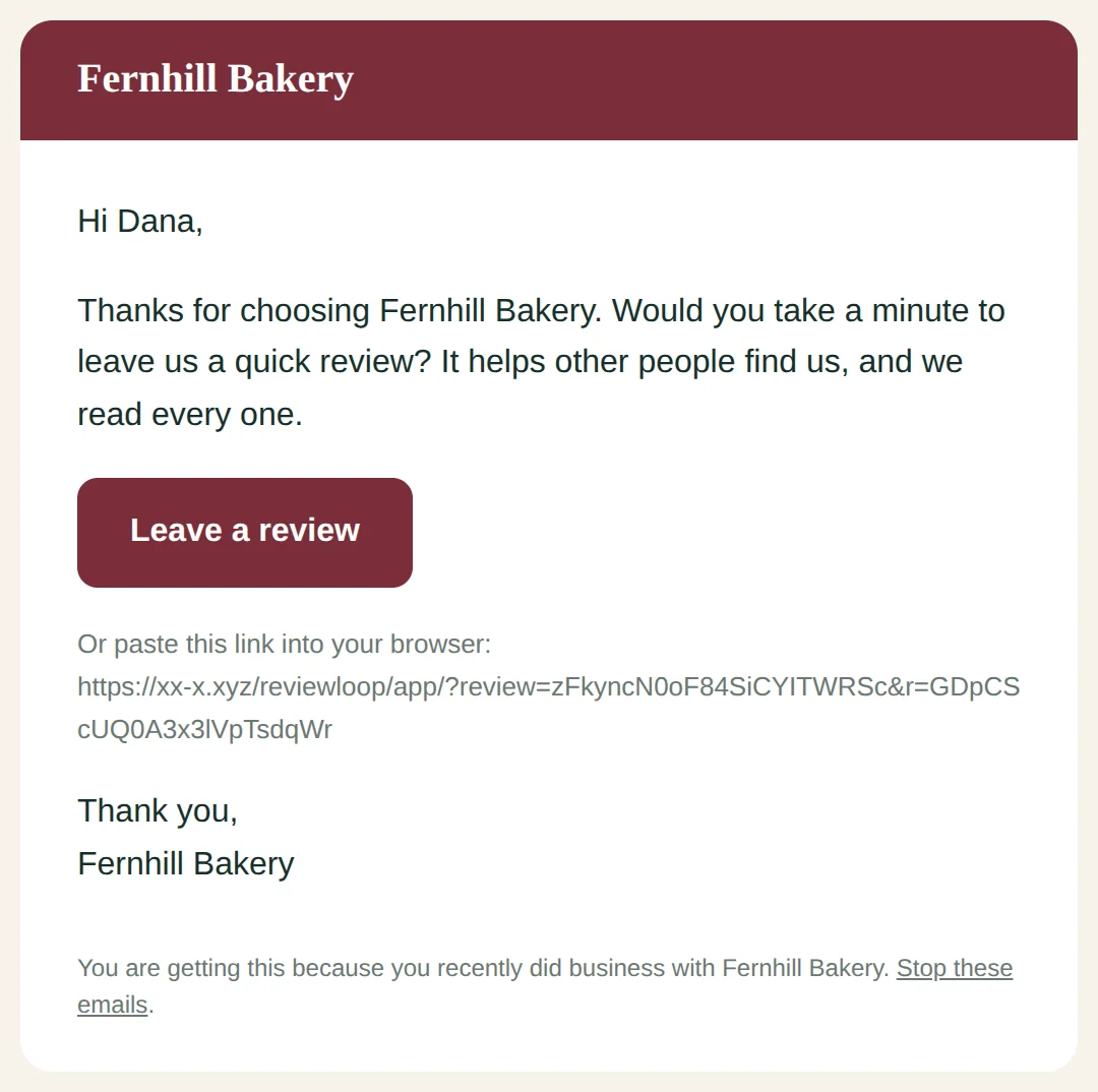 The review request email: Hi Dana, thanks for choosing Fernhill Bakery. Would you take a minute to leave us a quick review? with a Leave a review button and a link to stop these emails