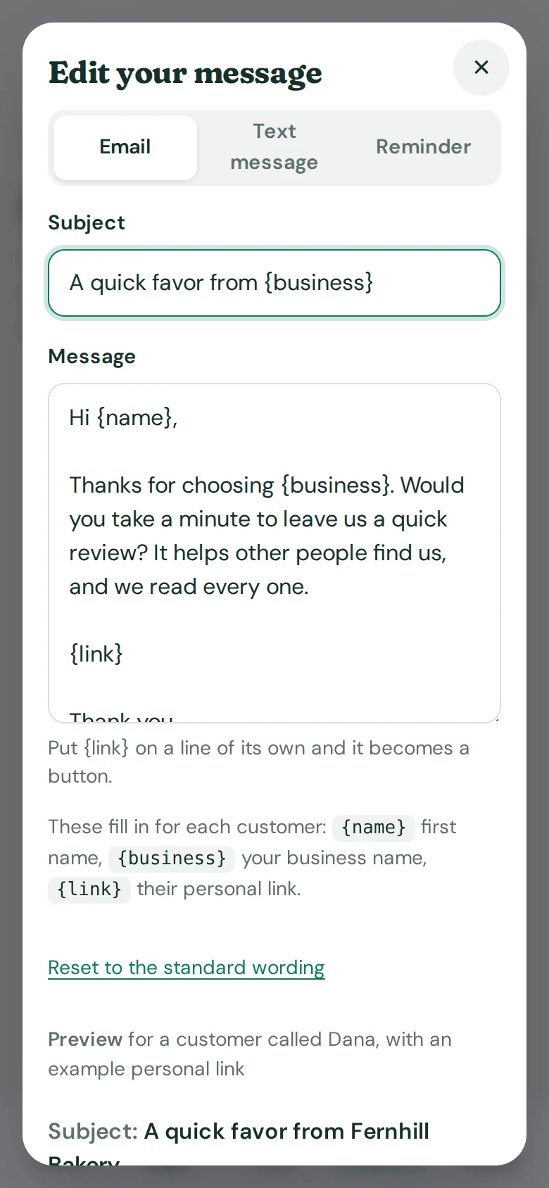 The message editor on a phone: the email subject and message with the {name}, {business} and {link} fill-ins