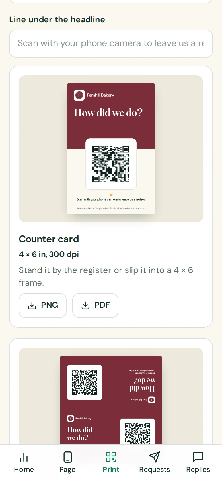 The print screen on a phone: the counter card with its PNG and PDF downloads, and the table tent below it