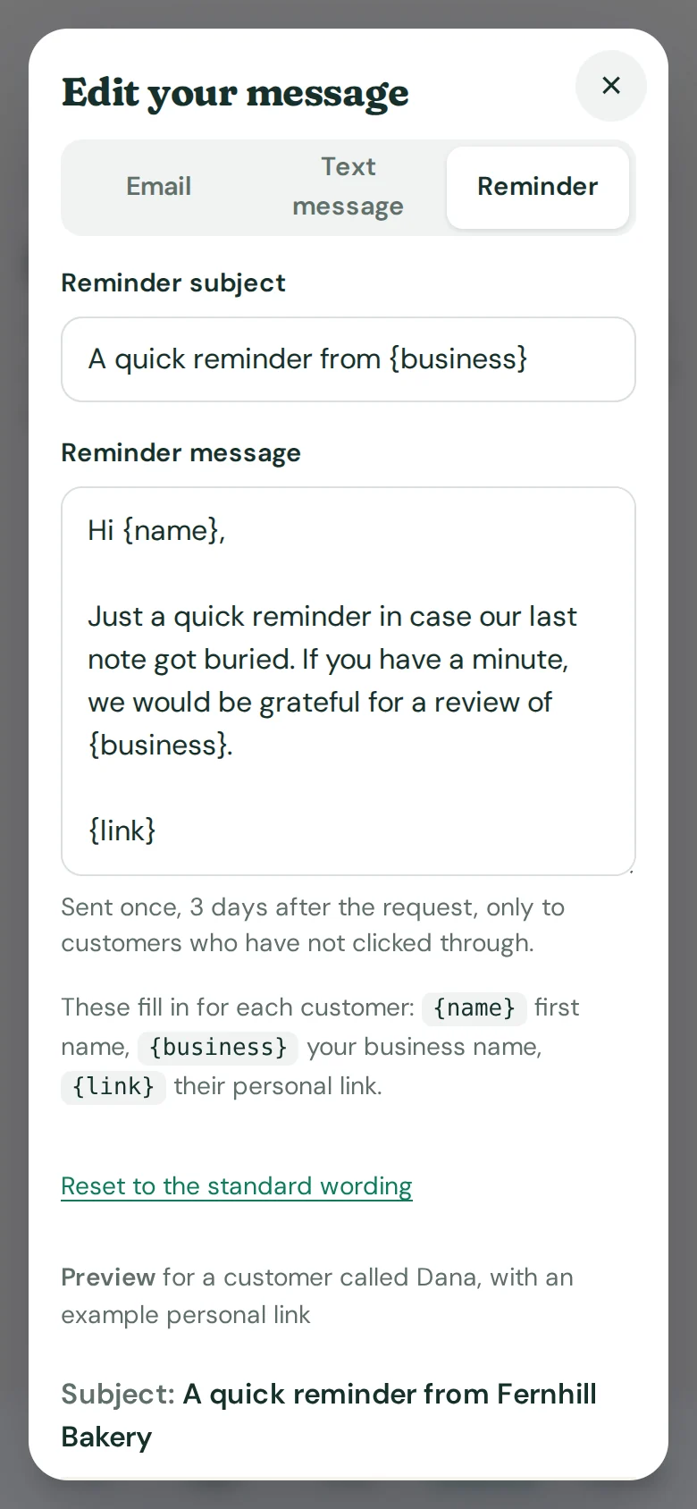 The reminder tab of the message editor on a phone: the reminder subject and message