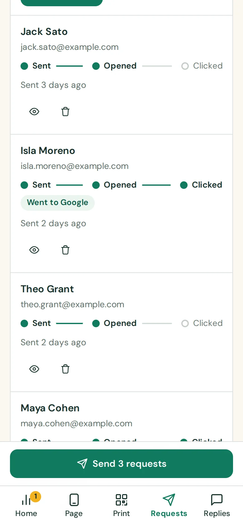 The customer list on a phone: each customer with Sent, Opened and Clicked markers, and a Send 3 requests button