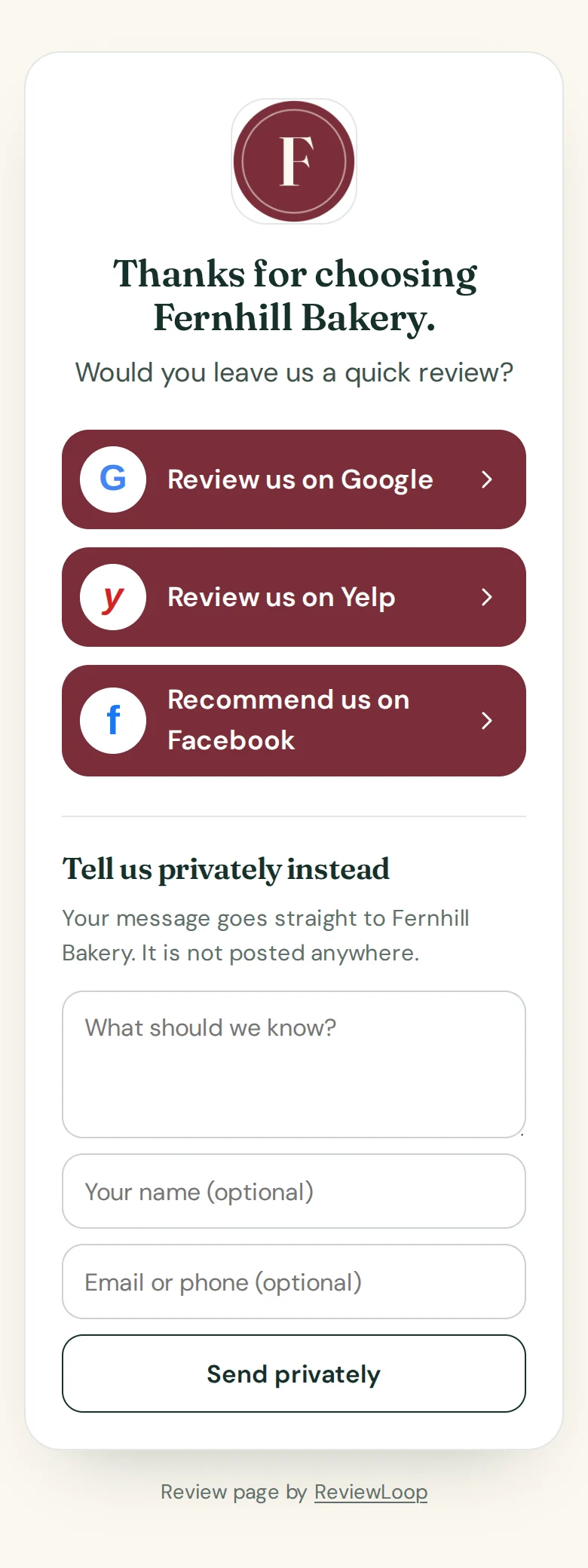 The review page on a phone: Thanks for choosing Fernhill Bakery. Would you leave us a quick review? Buttons for Google, Yelp and Facebook, then Tell us privately instead with a message box