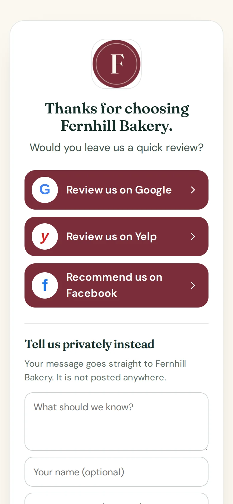 Both customers land on the same review page, with the same buttons and the same private message box
