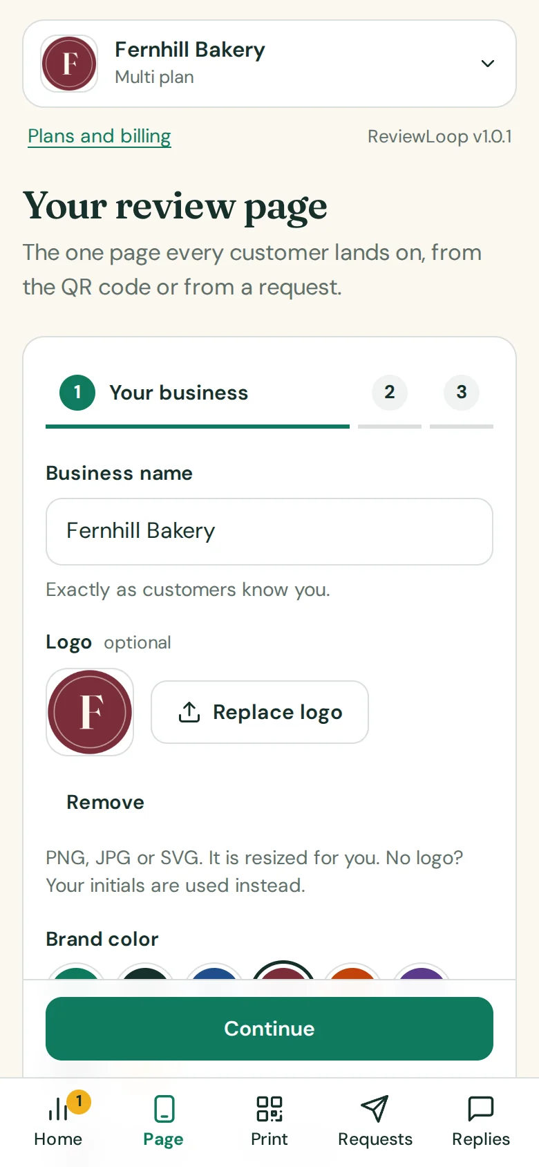 The setup screen on a phone: step one of three, with the business name, the logo and the brand color