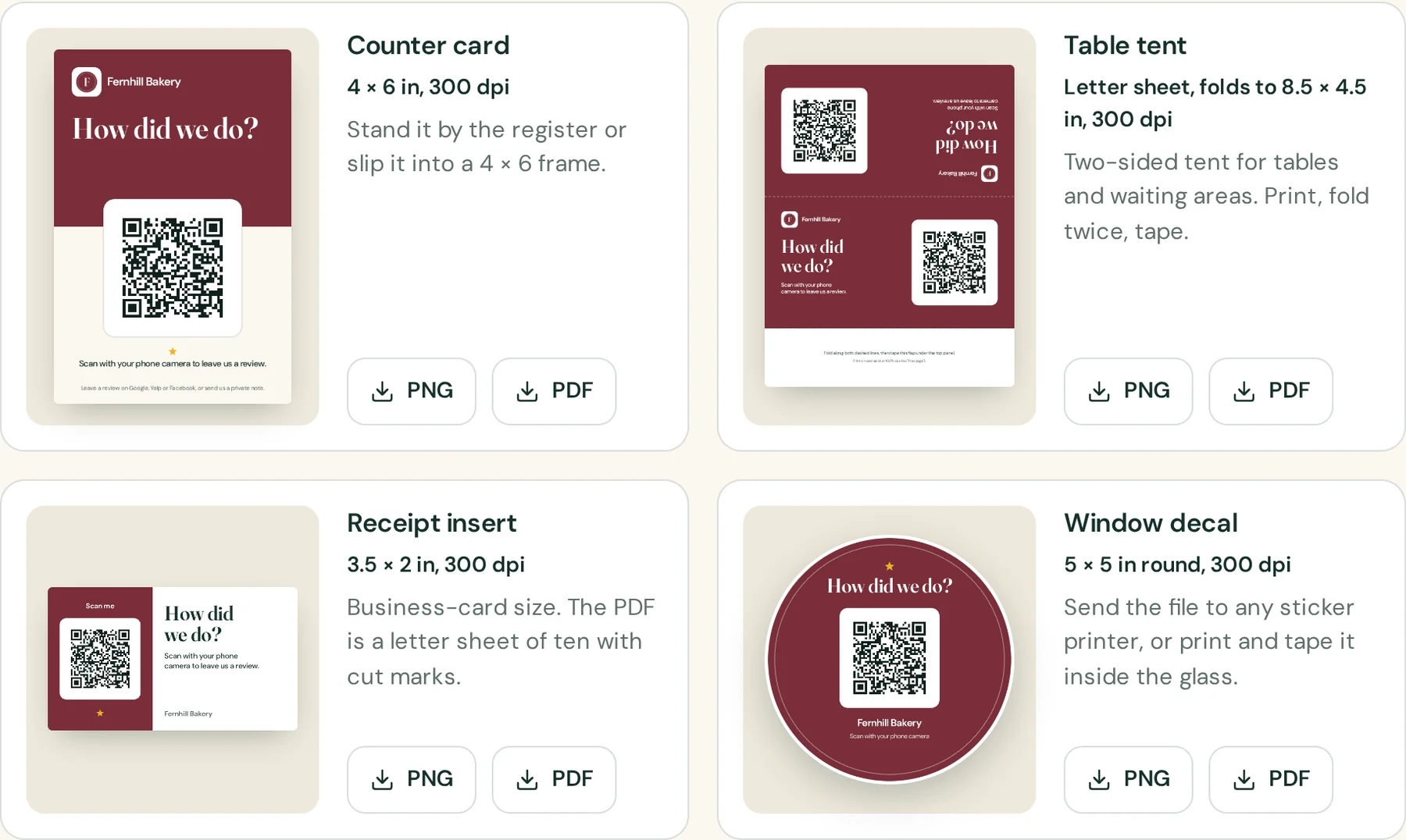 The four print designs in the tool: counter card, table tent, receipt insert and window decal, each with PNG and PDF downloads