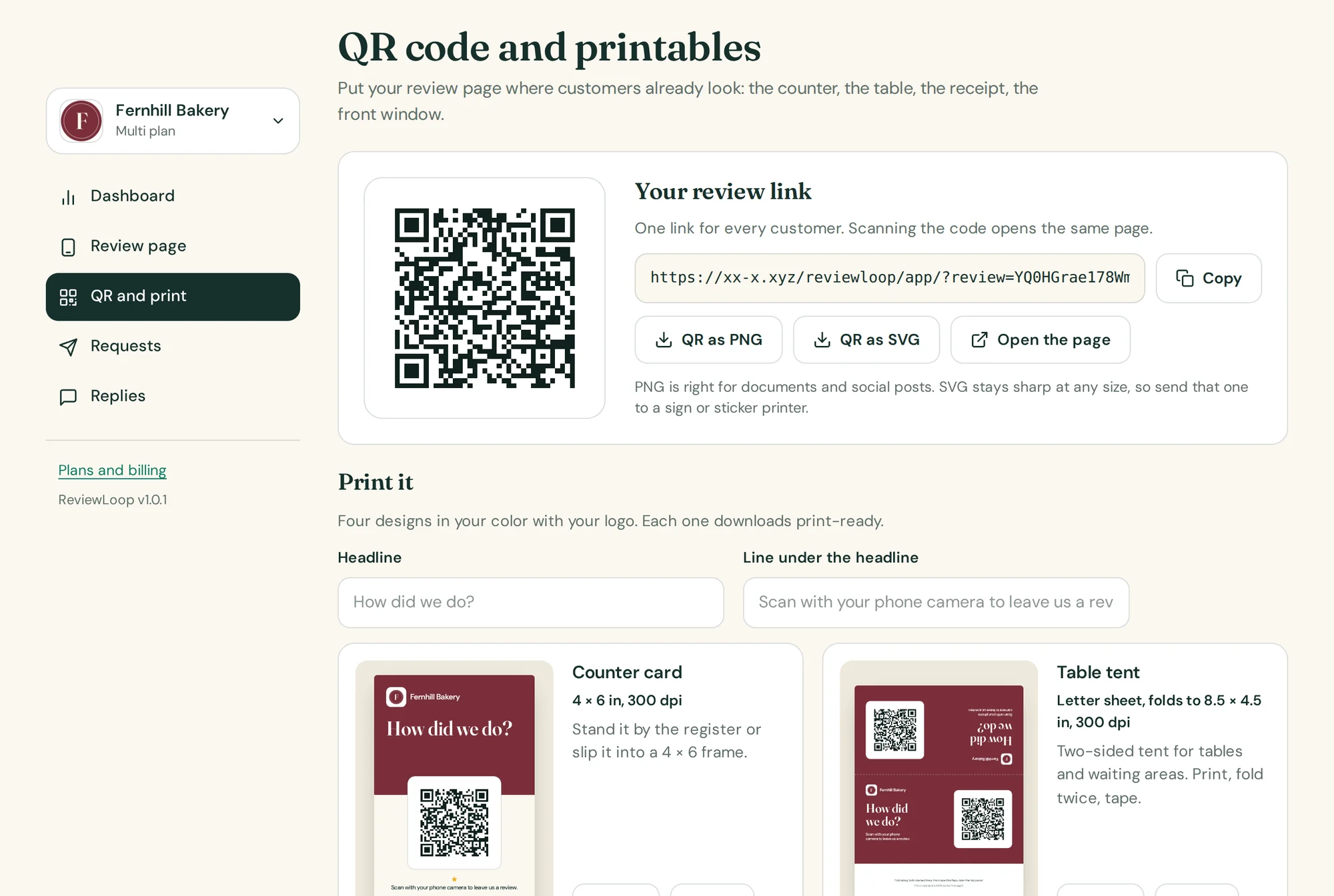 The QR and print screen with the QR code, its PNG and SVG downloads, and the four print designs