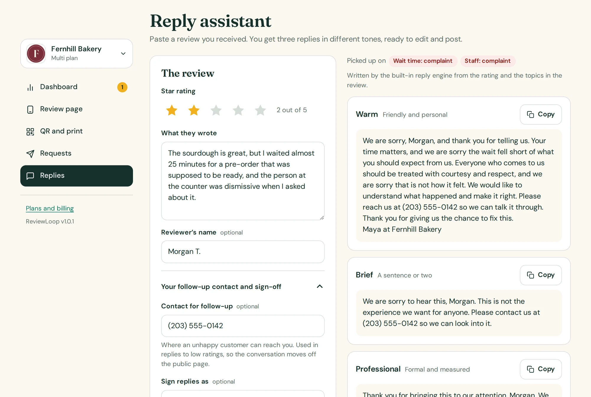 The reply assistant with an example two-star review on the left and three suggested replies on the right: warm, brief and professional