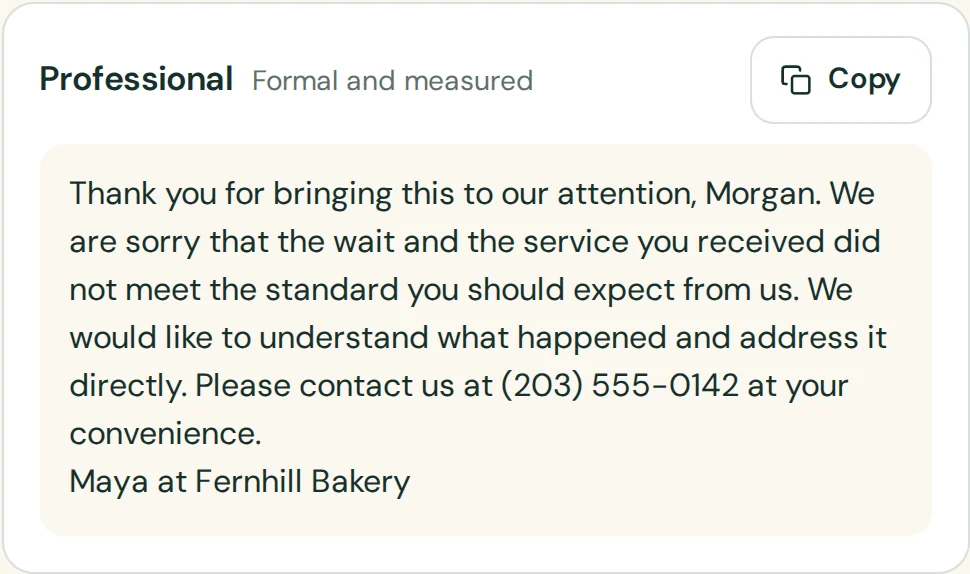 The professional reply: Thank you for bringing this to our attention, Morgan