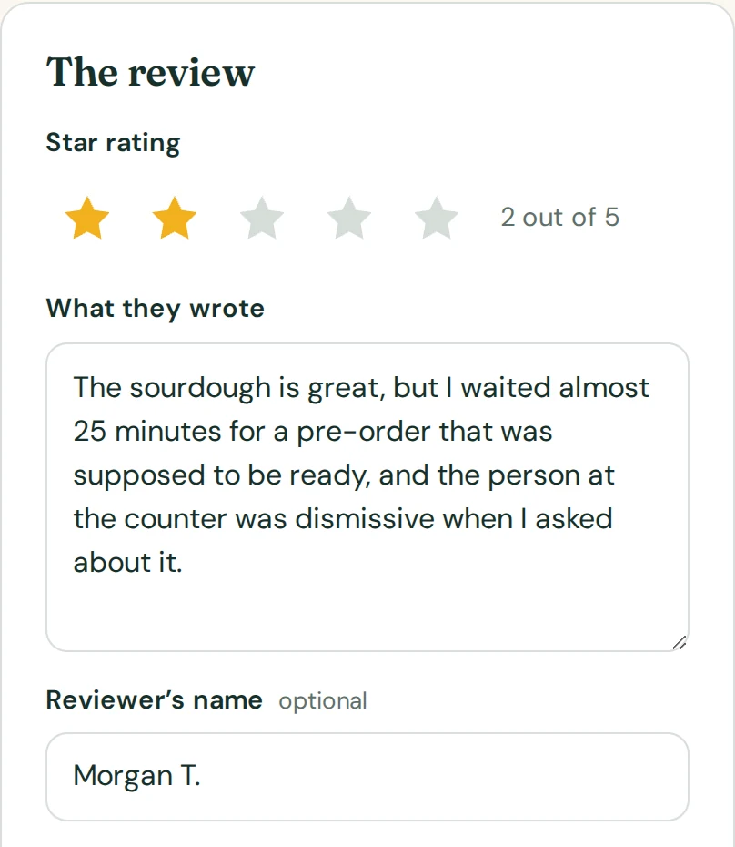 An example two-star review pasted into the reply assistant: the sourdough is great, but I waited almost 25 minutes for a pre-order