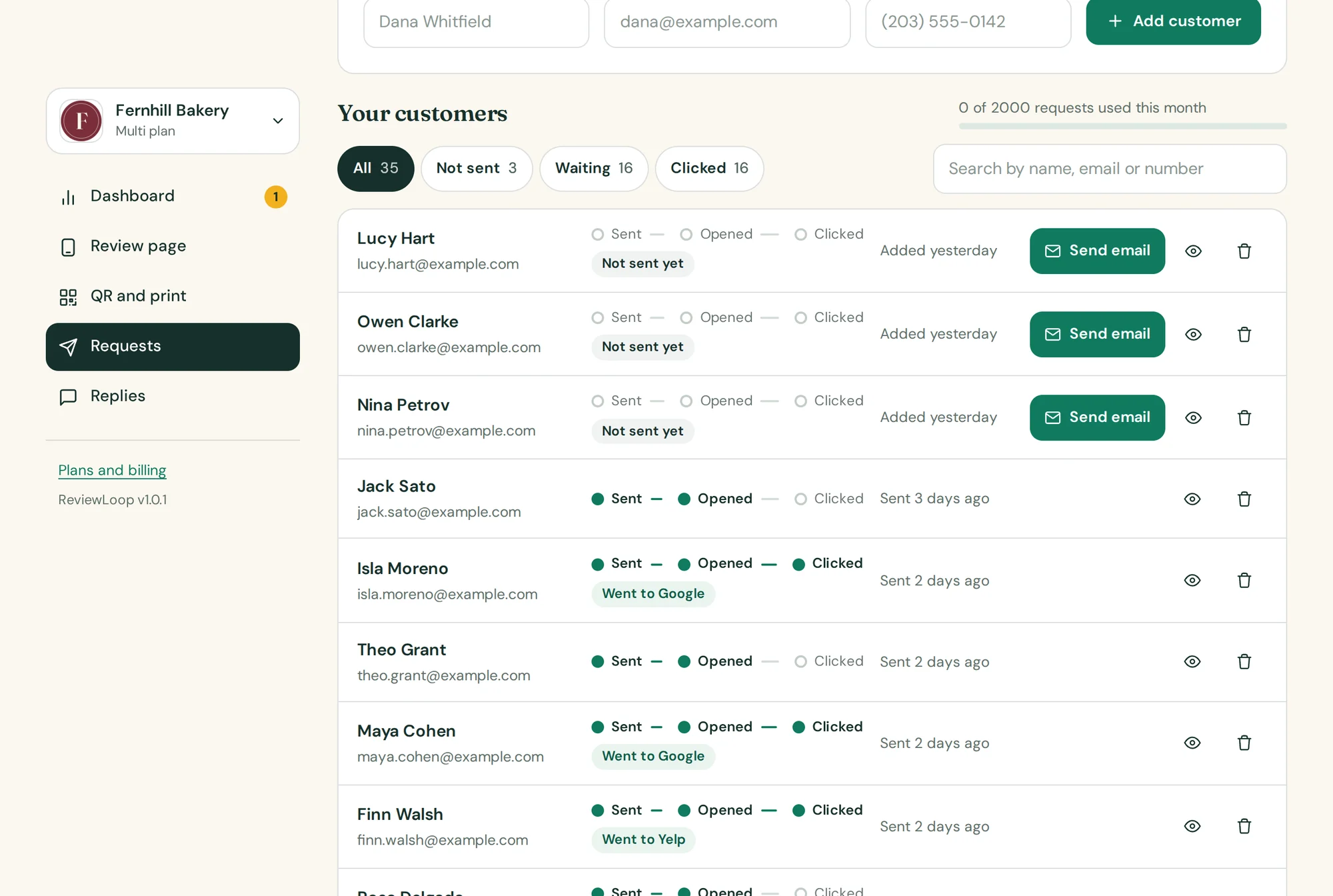 The requests screen: a list of customers, each with Sent, Opened and Clicked markers and the review site they went to