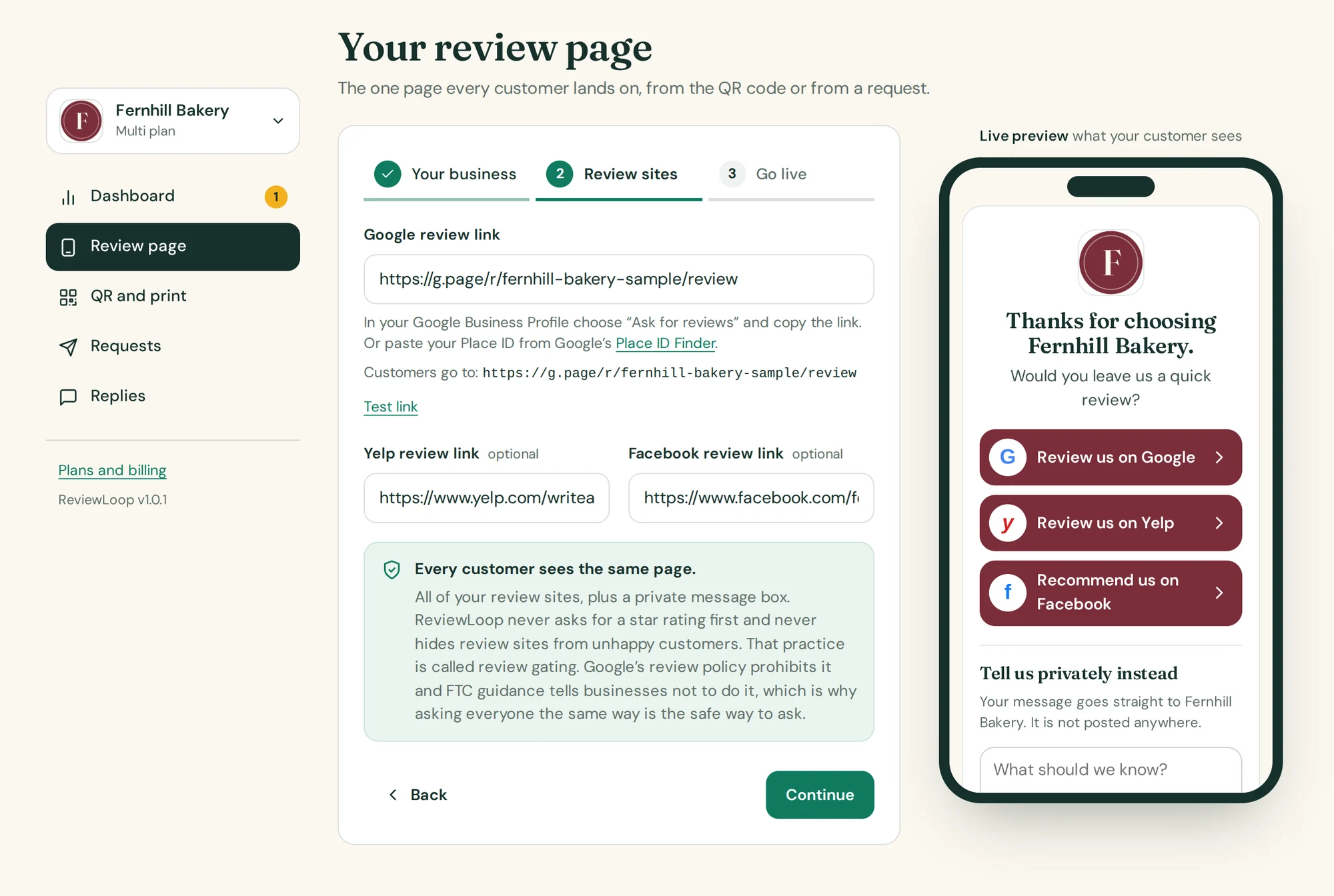 The ReviewLoop setup screen: step two asks for the Google review link, with a live phone preview of the review page on the right