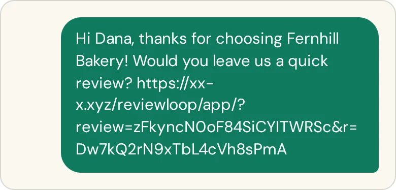 The ready text message with the customer’s first name and personal link
