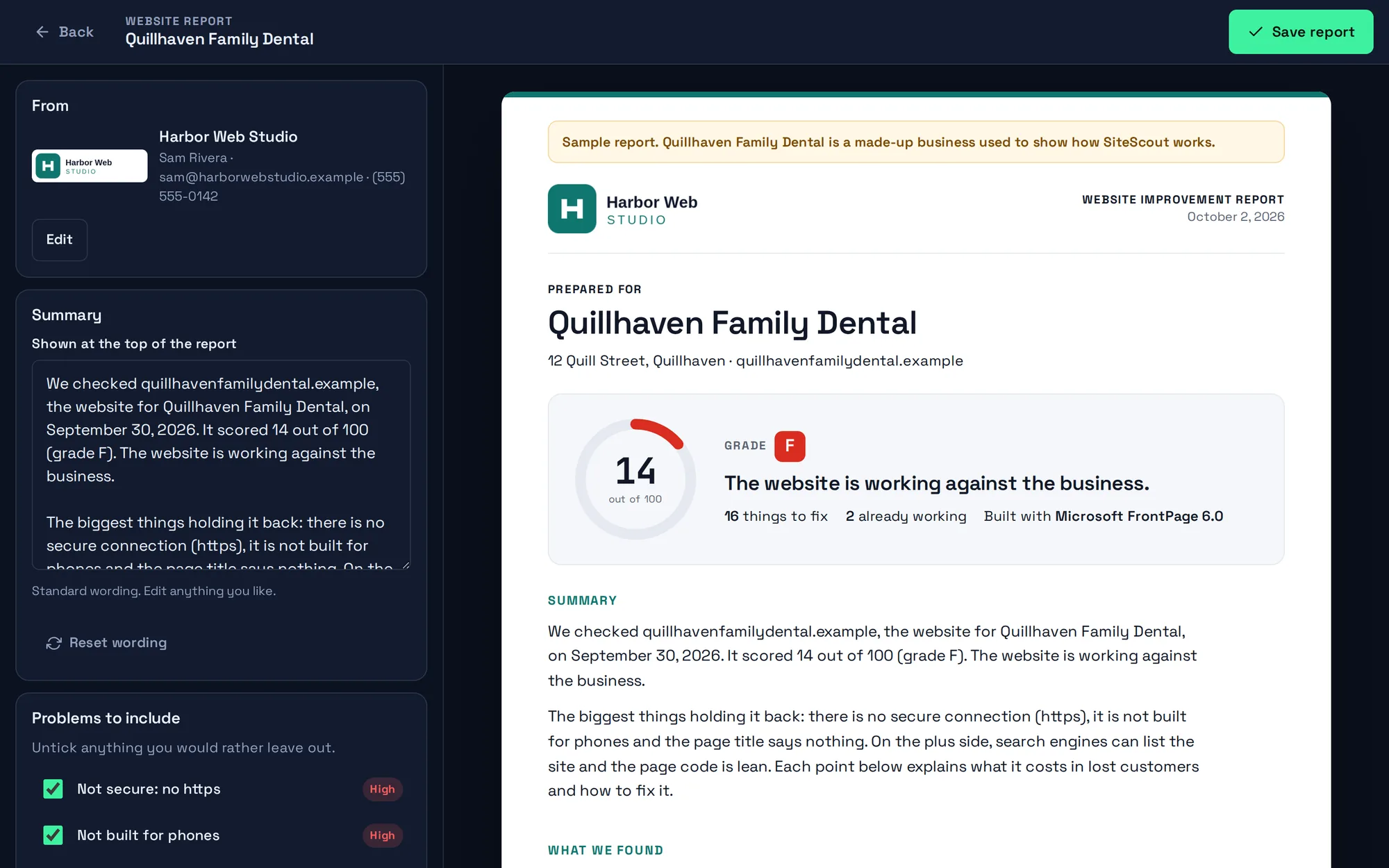 The report builder: agency details, the summary and the list of problems to include, with a live preview of the report on white paper.