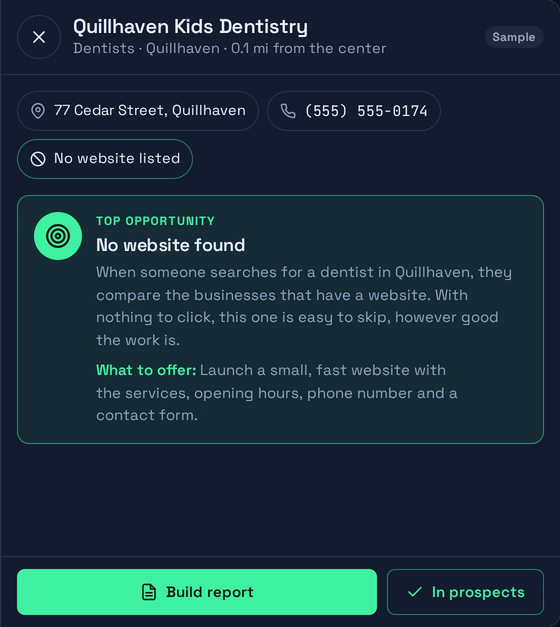 The “Top opportunity: No website found” card for a sample business, with a suggested offer.