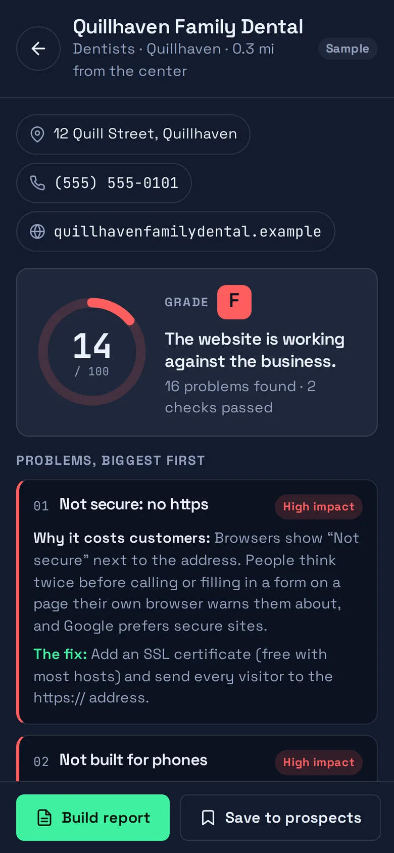 An audit on a phone: score 14 out of 100 for a sample dental site, with the first problem listed underneath.