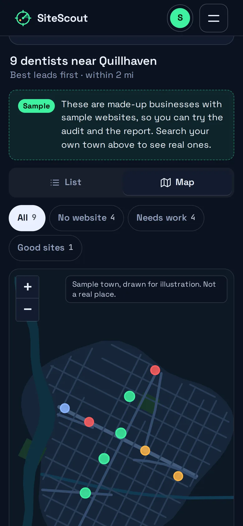 The map on a phone with a colored dot for each sample business.
