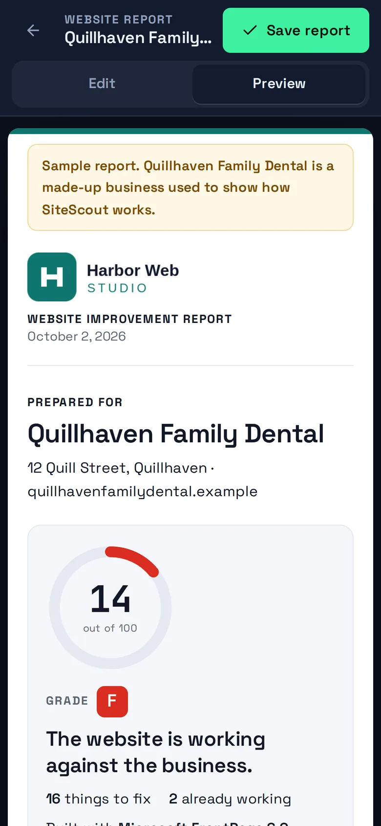 A report preview on a phone, branded with a sample agency logo.