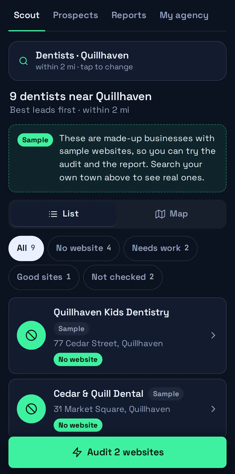SiteScout results on a phone: nine sample dentists, best leads first, with filter chips.