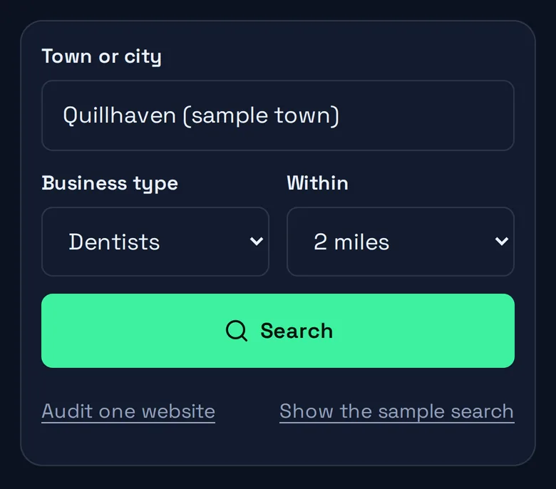The SiteScout search form on a phone: town, business type, radius and a Search button.