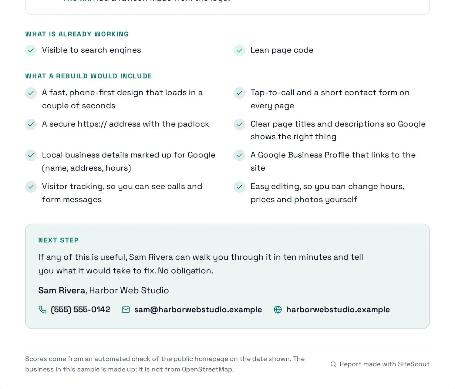 The end of the sample report: what is already working, what a rebuild would include, and a next-step box with the sample agency’s contact details.