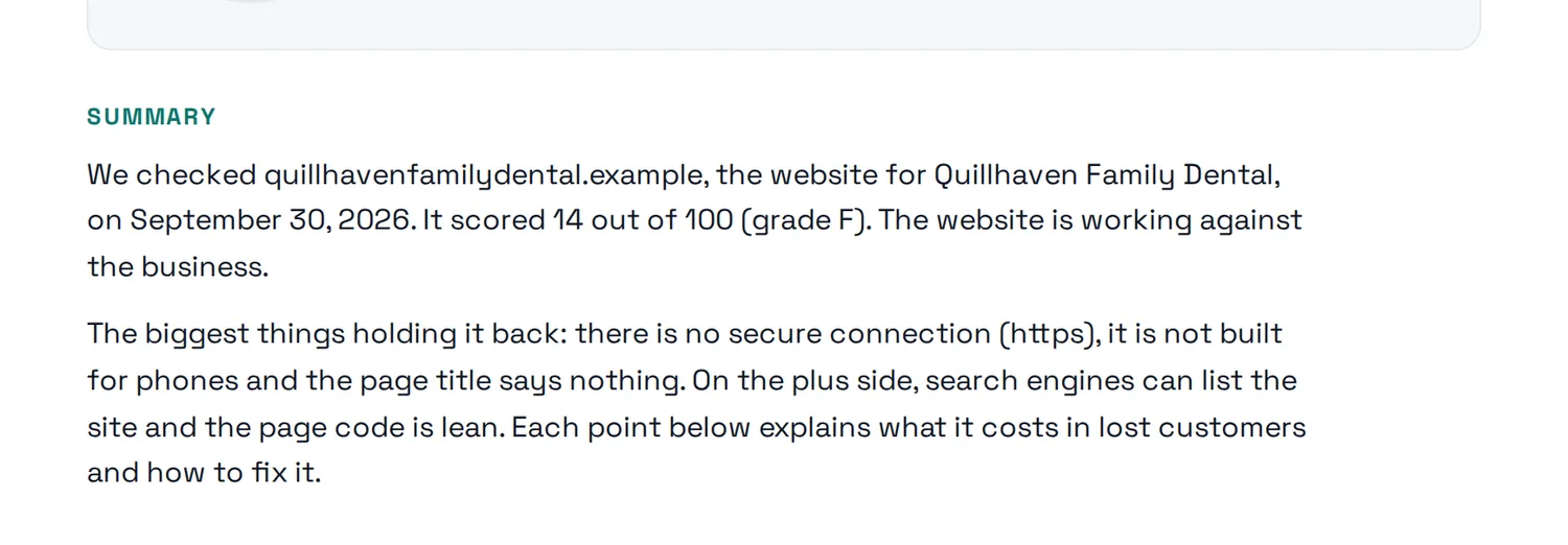 The summary section of the sample report.