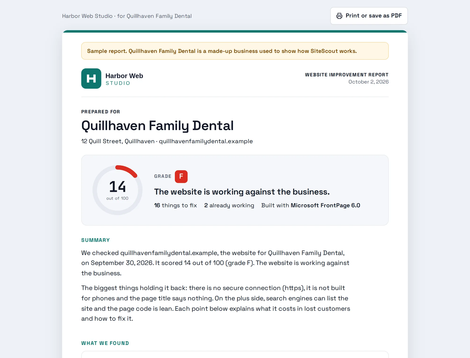 The public report page as the business owner sees it: the report on white paper with a “Print or save as PDF” button at the top.