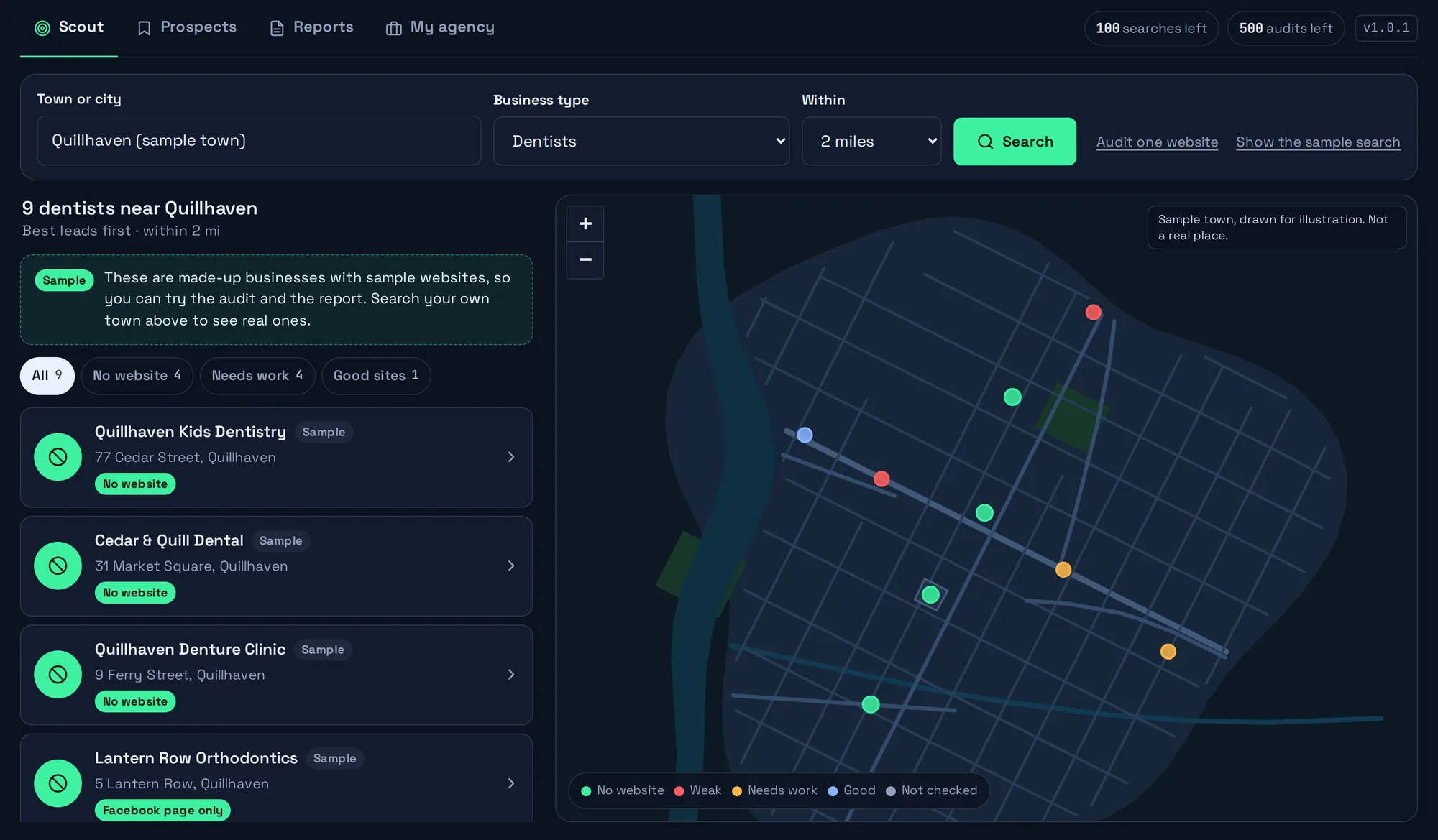 SiteScout results for the sample town: a ranked list of dentists on the left and a map with a colored dot for each on the right.