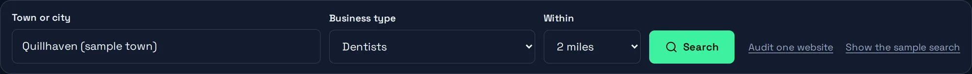 The SiteScout search bar: a town box, a business type menu, a radius menu and a Search button.
