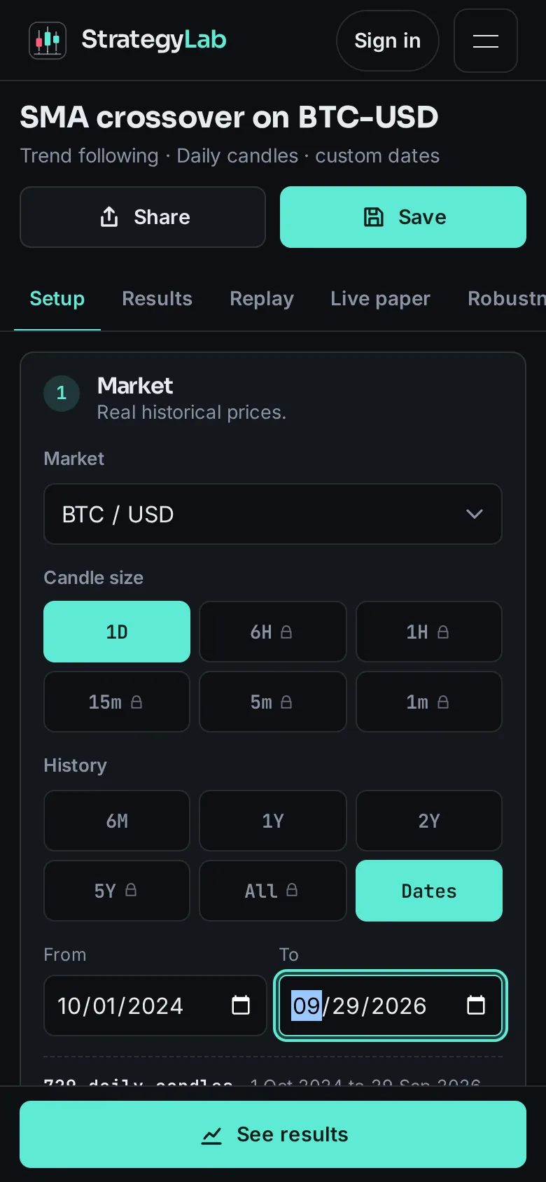 Setup on a phone: market, candle size and history buttons.