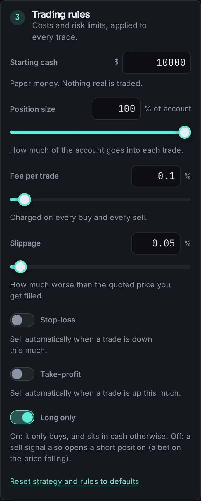 The Trading rules panel: starting cash, position size, fee, slippage, stop-loss, take-profit and long only.